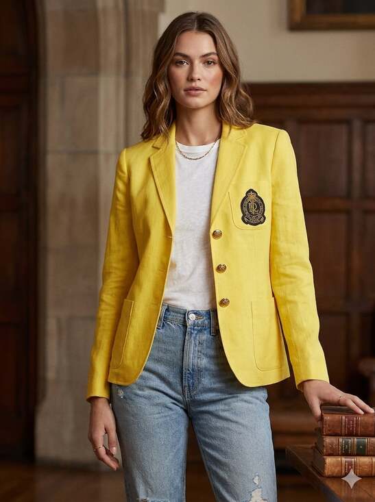 Lauren Ralph Lauren Jackets & Blazers - Lauren Ralph Lauren Women's Canary Yellow Crested Linen Blazer with Gold Buttons